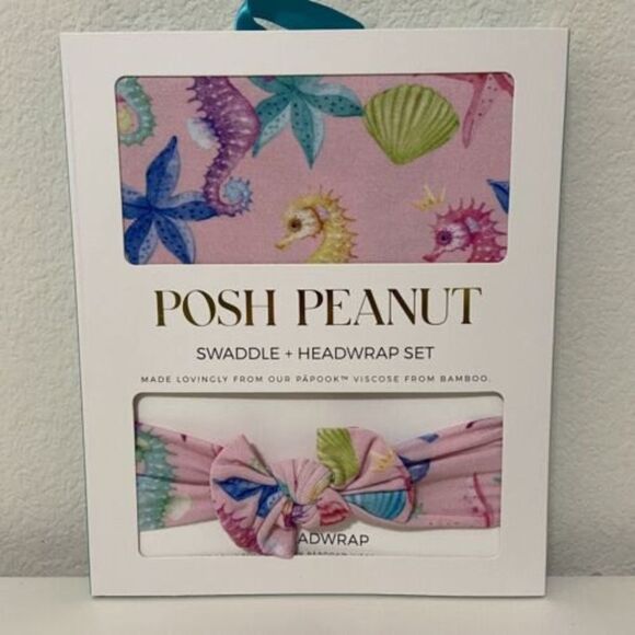 Posh Peanut Coral Seahorses Swaddle + Bow Headwrap Set Bamboo Pink NEW - Picture 1 of 5